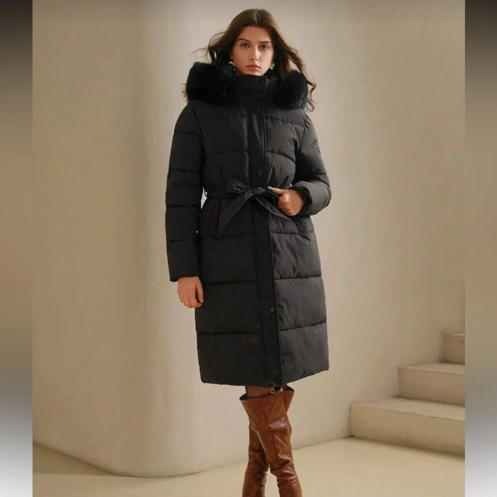 Faux fur lined hooded quilted puffer jacket long full length coat belted black - Picture 4 of 13